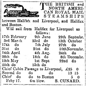 Cunard Line Timetable from Liverpool to Halifax